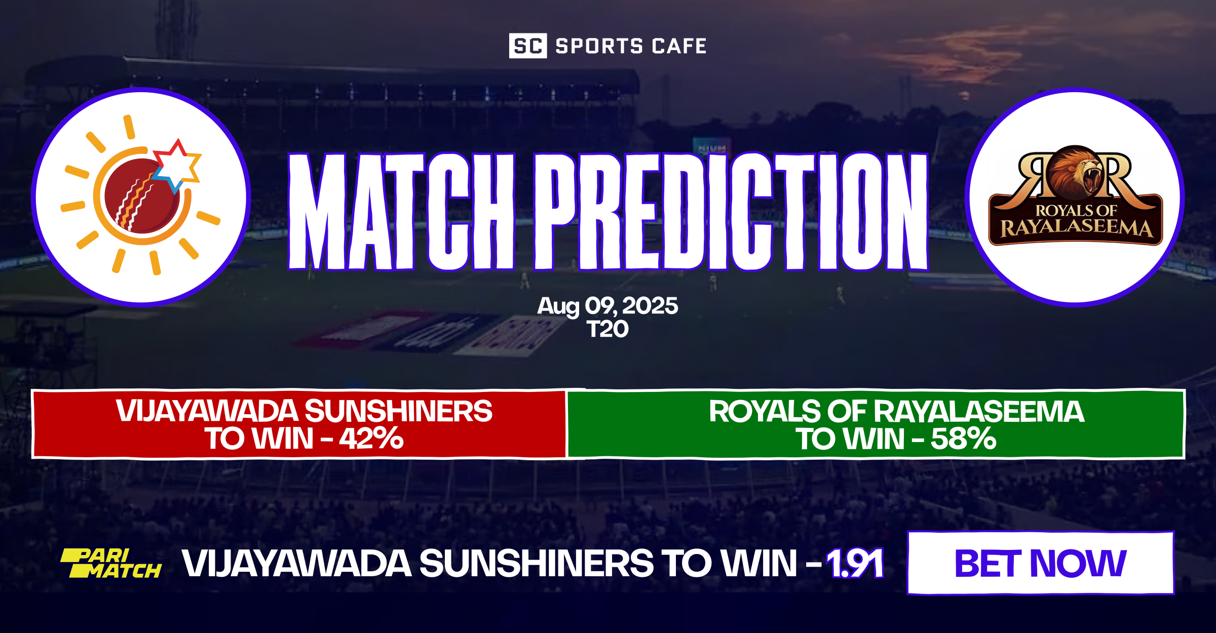 Vijayawada Sunshiners vs Royals of Rayalaseema match prediction.